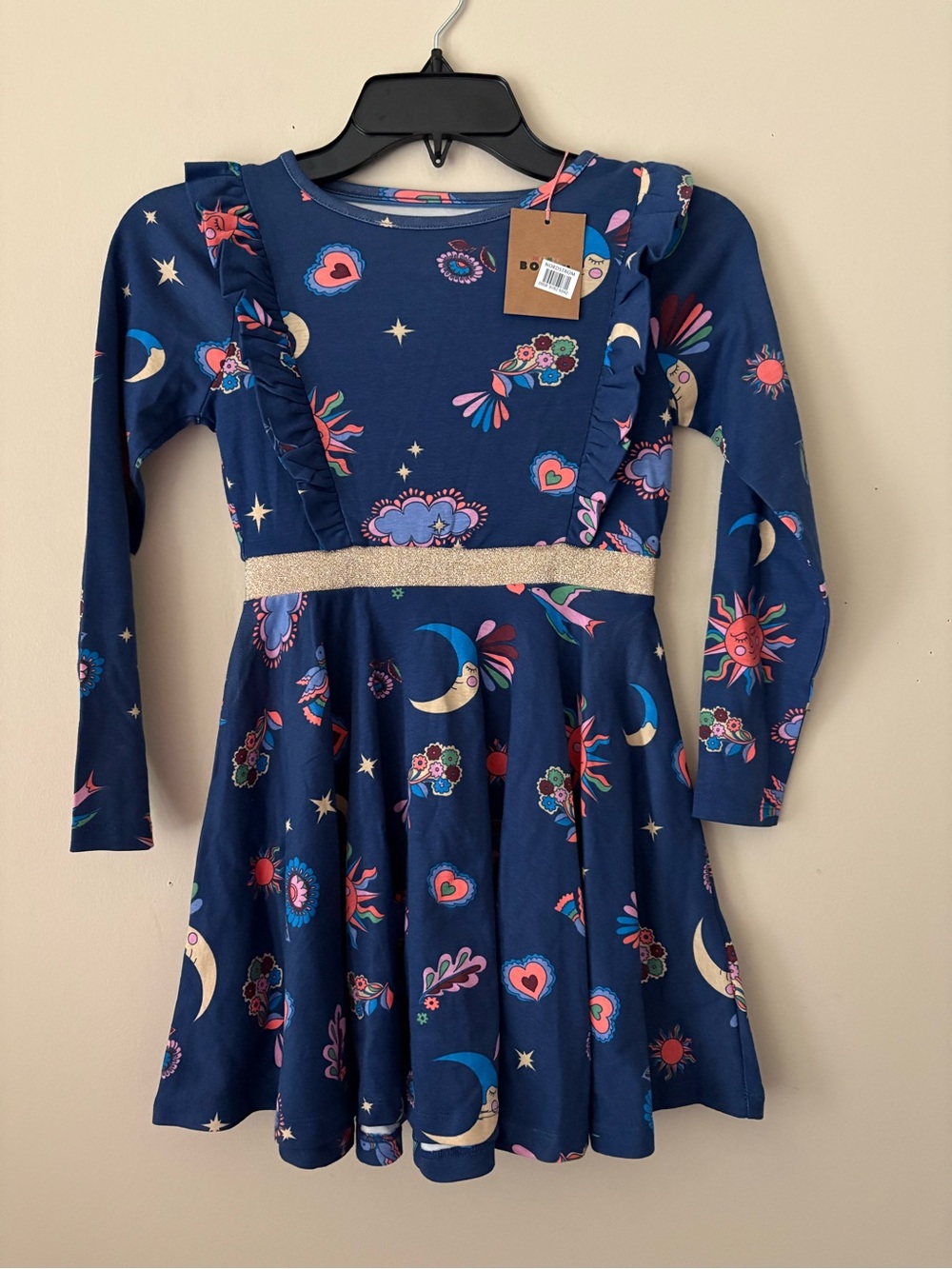 Mini Boden Navy Moon & Floral Ruffle Dress with Gold Waistband Accent Sz.7/8 y.o